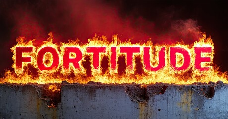 Poster - Fiery text spells fortitude. Flames engulf letters atop concrete barrier. Dramatic lighting creates intense visual impact.