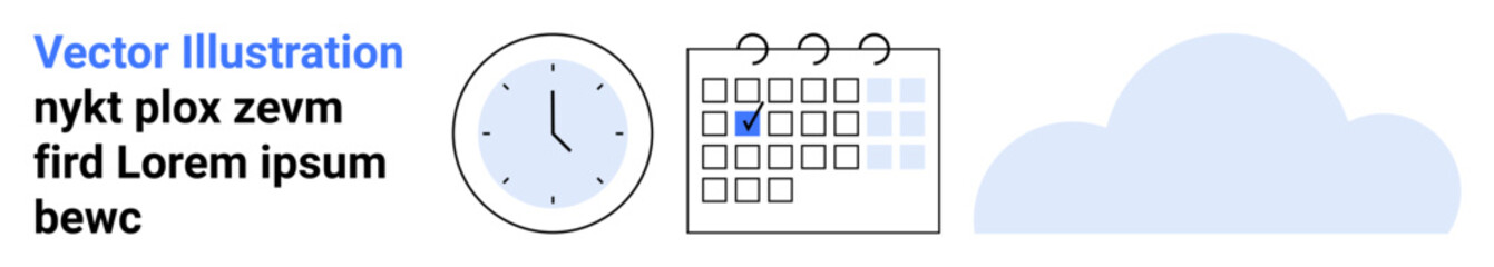 Poster - analog clock, marked calendar day, and cloud icon signify time tracking, schedule planning, cloud st