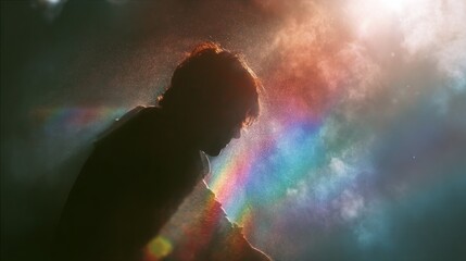 Poster - A person is captured in silhouette, surrounded by a vibrant display of rainbow colors. The atmosphere evokes creativity and imagination, highlighting the interplay of light