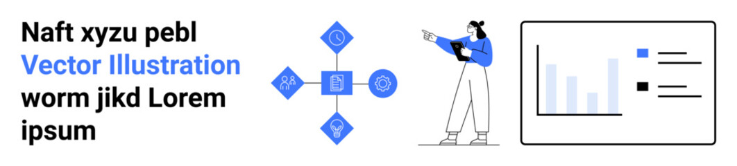 Poster - person gesturing at a bar chart and connected nodes representing data, networking, and analytics. id