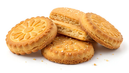 golden brown butter biscuits with sweet taste, shown isolated on white background for advertising, b