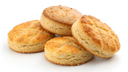 Golden brown butter biscuits with sweet taste, shown isolated on white background for advertising, branding, or web use.