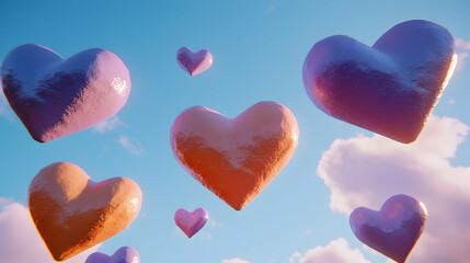 Poster - Floating Pastel Hearts Against A Blue Sky