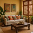 © Suraaj - Modern Indian Living Room with Traditional Decor, Carved Furniture, Brass Accents, and Jali Window Panel