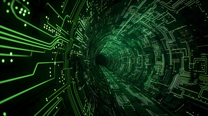 Poster - Abstract Glowing Green Circuit Board Tunnel
