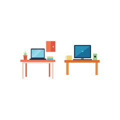 Poster - Vector art of Two desks with computers and accessories isolated on white background