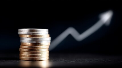 Poster - Stacks of coins rising upwards show financial growth and prosperity. This close-up inspires investment confidence. Ideal for business and financial themes. AI