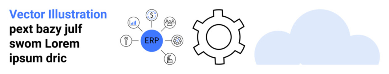 Poster - erp module connections surrounding a central hub, gear icon for processes, and cloud for digital sto