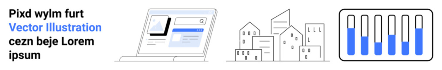 Poster - laptop with webpage, cityscape with buildings, and data graphics in progress. ideal for technology, 