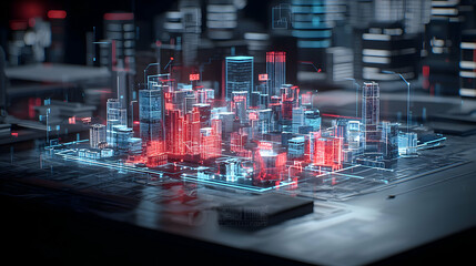 Poster - Digital Futuristic Cityscape Model With Glowing Buildings