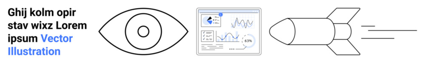 Poster - eye symbol, analytics dashboard with graphs, and a rocket in motion. ideal for technology, analytics