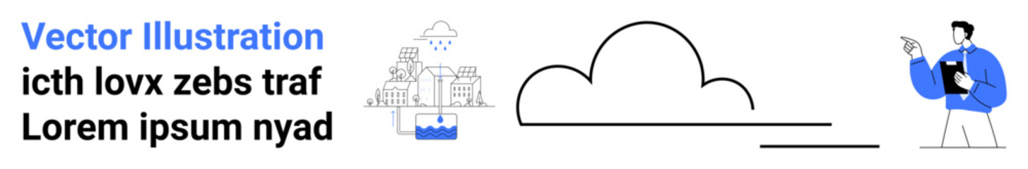 Poster - man presenting data with tablet, cloud icon, and urban imagery symbolizing connectivity, data storag