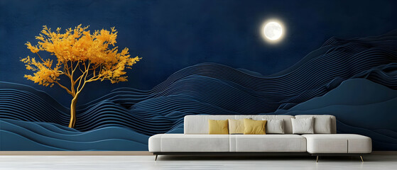 Poster - Gold Tree In Dark Blue Mountains Landscape Decor