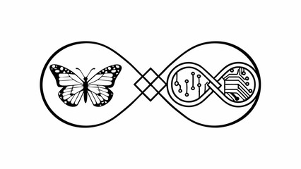 Poster - Infinity symbol with butterfly and circuit board design in black and white line art style graphic image created with generated ai