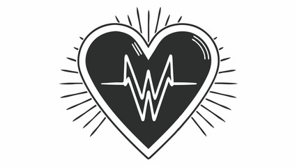 Aufkleber - Heart shape with heartbeat line inside and burst lines around it in black and white illustration created with generated ai