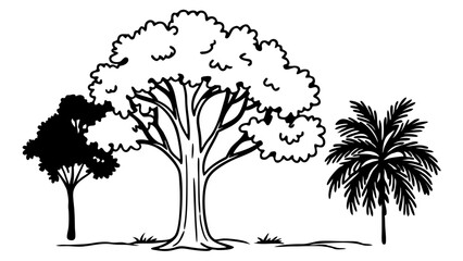 Poster - Illustration of three trees including a palm tree and two deciduous trees in black and white style created with generated ai