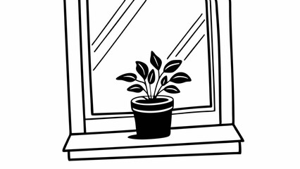 Poster - A potted plant with leaves sits on a windowsill in front of a window outlined in black and white art created with generated ai