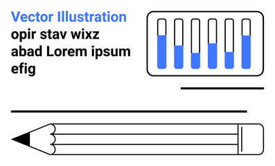 Poster - pencil and horizontal lines, bar graph with blue markers, and placeholder text for design layouts. i