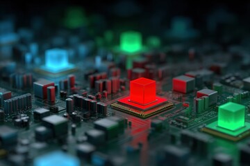 Poster - Miniature circuitry with vibrant colored LEDs lighting up the processor chip during a detailed exploration of technology