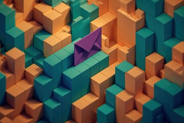 Poster - Colorful geometric shapes create a vibrant digital landscape with a purple envelope at the center of the composition