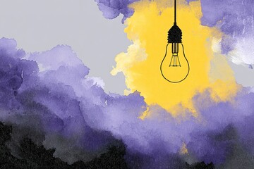 Poster - Bright light bulb hanging among colorful clouds at twilight creating a mystical atmosphere in the sky