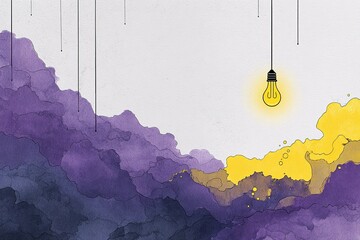 Poster - Colorful abstract painting with yellow lightbulb against purple and yellow background during daytime