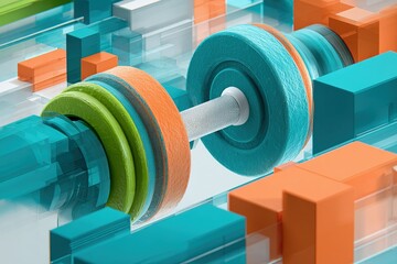 Poster - Colorful abstract representation of machinery featuring vibrant shapes and cylinders