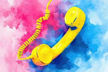 Poster - Bright yellow vintage telephone on a colorful watercolor background creates a striking visual appeal