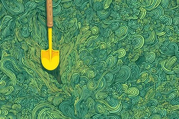 Poster - Unique abstract artwork featuring a yellow shovel in swirling green patterns from an aerial perspective
