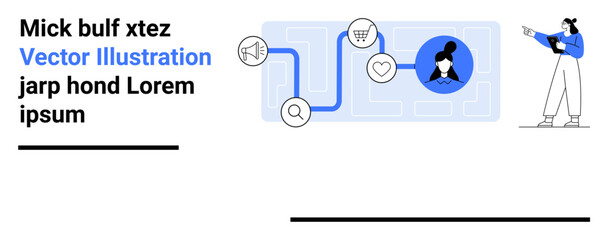 Poster - digital map with pathways linking icons such as magnifying glass, heart, cart, user profile, and mes