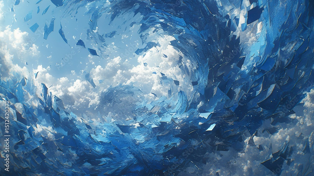 Splinter Fractical Turbulent sea-air interface crystallized at collision point, seawater ...