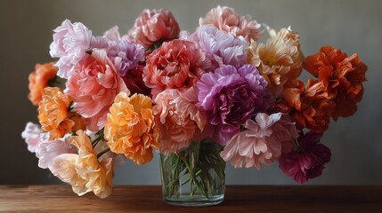 Poster - A stunning collection of flowers in soft hues fills a glass vase, elegantly placed on a wooden surface. The blossoms exhibit intricate layers and lush colors, creating an inviting centerpiece