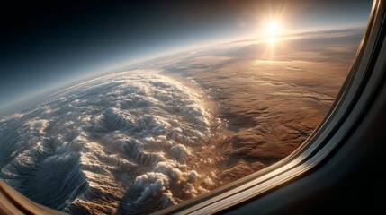Aufkleber - This captivating view shows Earth from a spacecraft cockpit, highlighting the intricate cloud formations and the warmth of the sunrise illuminating the terrain below