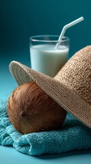 Poster - A straw beach hat rests beside a fresh coconut drink with a straw, set on a soft towel. This arrangement evokes relaxation and enjoyment by the ocean on a sunny day