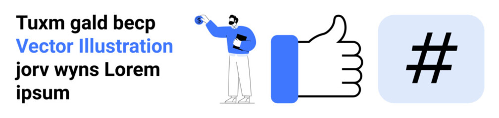 Poster - presenter holding microphone, thumbs-up icon, metadata tag, and placeholder text explore user intera