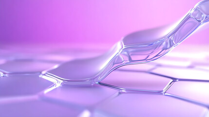 Poster - A close-up view of transparent bubbles on a pink and purple background, showcasing fluid dynamics and molecular structures.