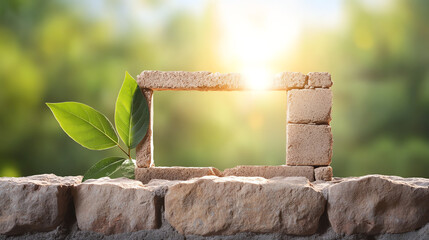 Poster - A creative frame made of bricks showcases vibrant green leaves and natural light, symbolizing growth and renewal in nature.