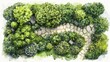 © Johannes - Hand-painted watercolor trees and planst. Top down view of plants, shrubs, paths landscape design materials for architecture plans. Landscape layout plan and architecture drawing elements