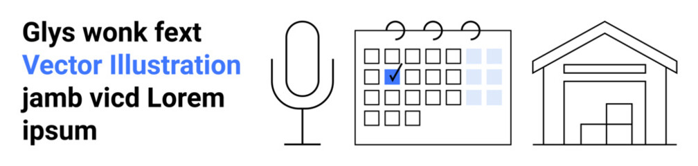 Poster - microphone, calendar with highlighted date, and warehouse symbolize communication, scheduling, and l