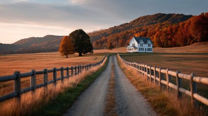 Aufkleber - The view features a wooden fence leading along a dirt path towards a peaceful farmhouse surrounded by vibrant autumn trees. The sunlight casts a warm glow over the scene