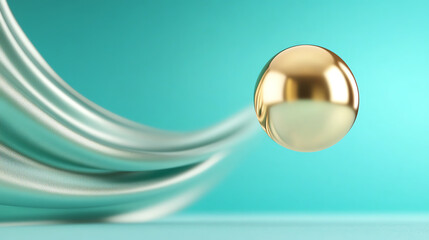 Poster - A stunning close-up of a golden sphere suspended in motion against a vibrant turquoise background, showcasing modern design.