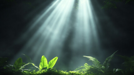 Poster - A tranquil forest scene with rays of sunlight piercing through the greenery, illuminating lush foliage and creating a serene atmosphere.