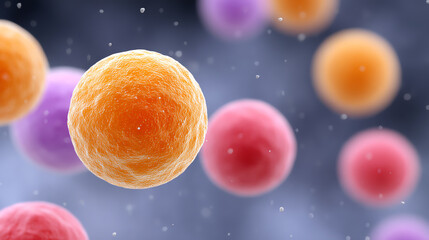 Poster - Colorful representation of microscopic cells in a dynamic environment, illustrating the complexity of cellular structures and functions.