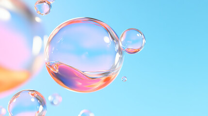 Poster - Colorful soap bubbles float gracefully against a tranquil blue background, creating a whimsical and serene atmosphere.