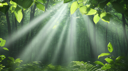 Poster - Sunlight filters through lush green leaves in a serene forest, creating a peaceful atmosphere and showcasing nature's beauty.