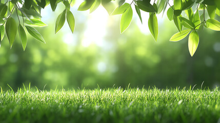 Poster - Vibrant green leaves framing a lush grass landscape, illuminated by soft sunlight, embodying tranquility and nature's beauty.