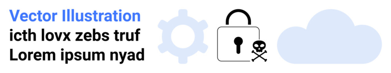 Poster - lock with keyhole and skull, gear, and cloud illustrating cybersecurity, data safeguard, threat prev