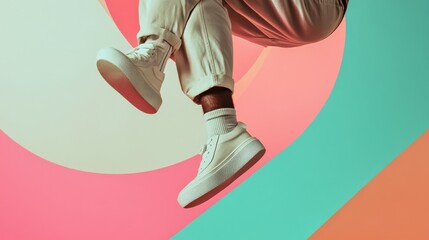 Poster - Male legs stacking in round on pastel geometrical background. Modern design, contemporary art collage. Inspiration, idea, trendy urban magazine style. Negative space to insert your text or ad illustr