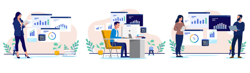 Fototapete - Businesspeople analyse data and reports on various digital interfaces, showcasing financial analysis, marketing analytics, and business intelligence process. Flat design vector illustration graphic