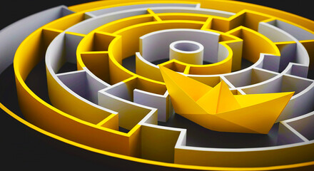 a yellow paper boat navigating a complex maze with yellow and white walls on a dark background